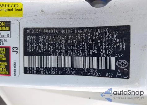 2012 Toyota Corolla S z USA, uszkodzony, nr VIN 2T1BU4EE4CC888187